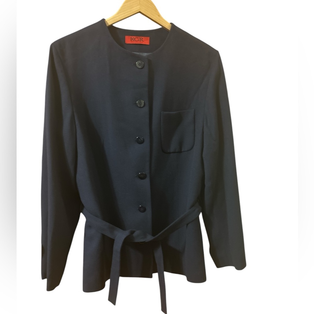 KGR Collections Navy Blue Wool Blend Belted Blazer Jacket Size 12